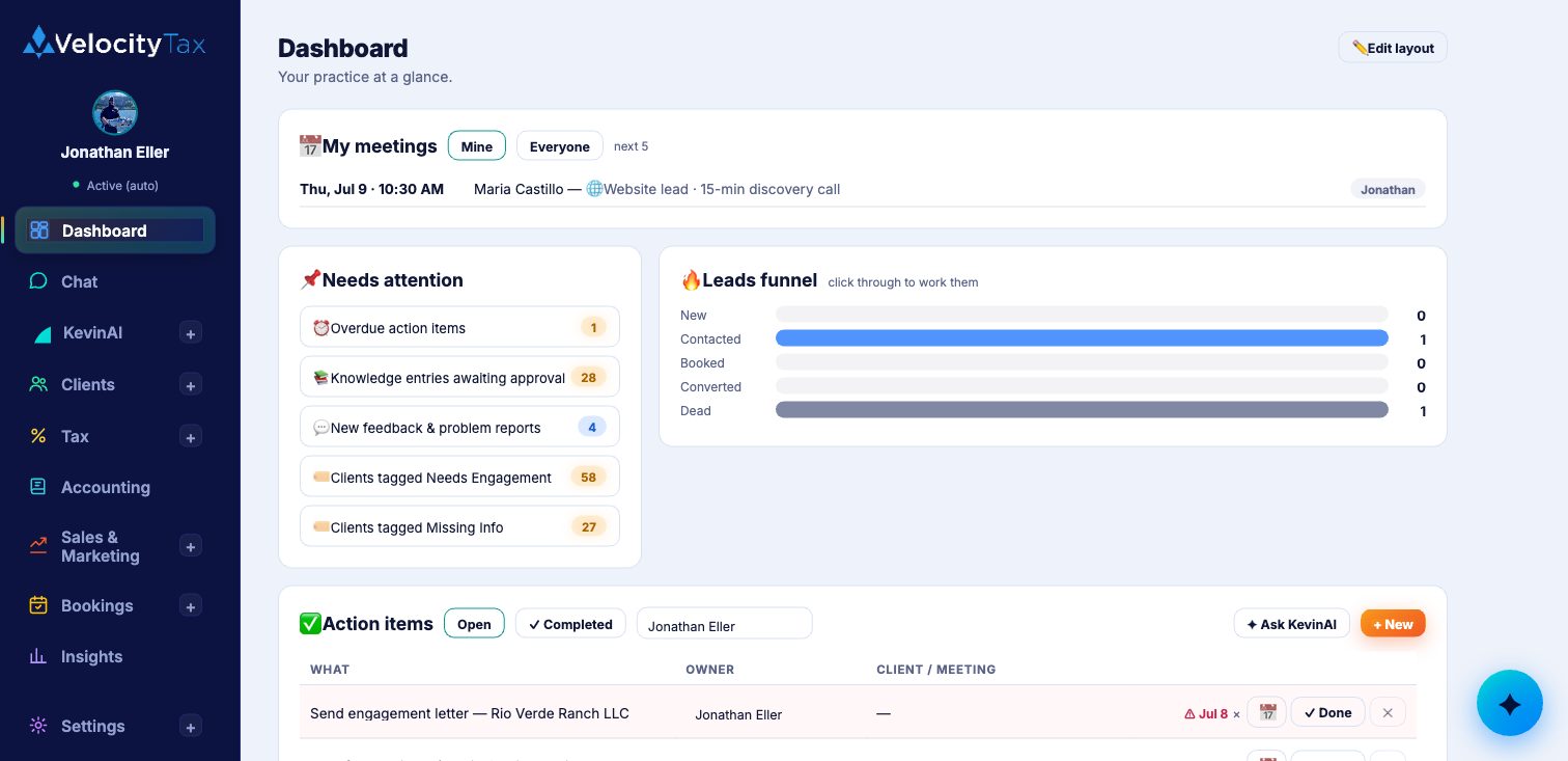 TaxApp dashboard — the whole practice at a glance